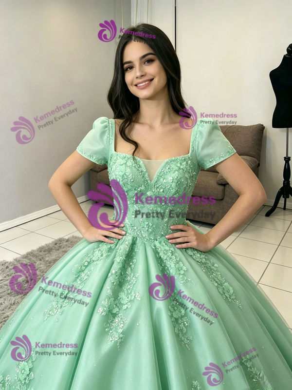 Green Tulle Short Sleeve Square Neck Appliques Quinceanera Dress
