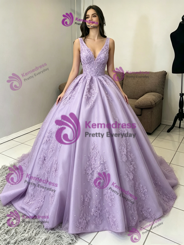 Purple Tulle Appliques Quinceanera Dress