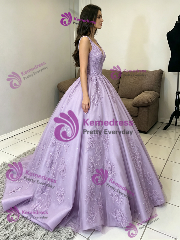 Purple Tulle Appliques Quinceanera Dress