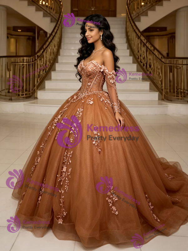 Brown Tulle Long Sleeve Quinceanera Dress