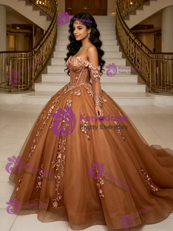 Brown Tulle Long Sleeve Quinceanera Dress