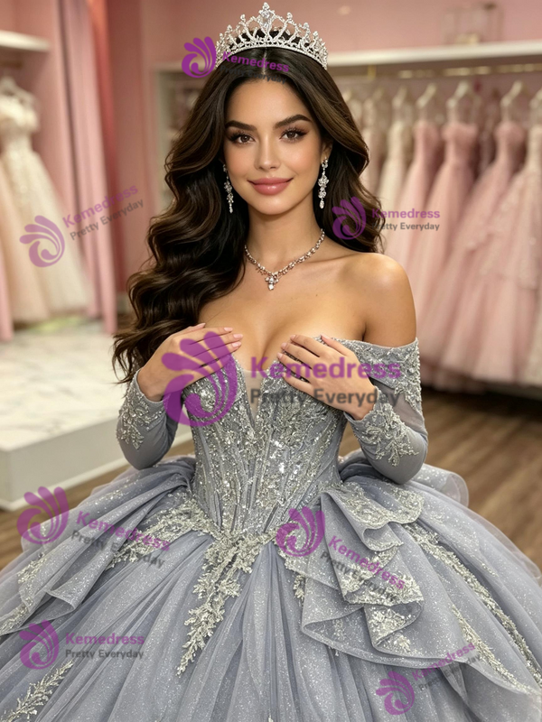 Gray Tulle Appliques Long Sleeve Quinceanera Dress