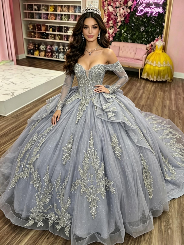 Gray Tulle Appliques Long Sleeve Quinceanera Dress