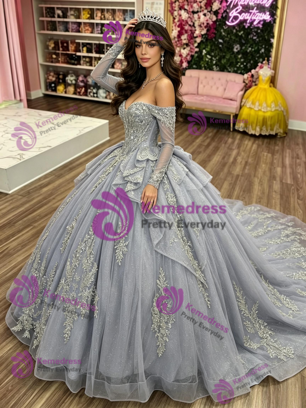 Gray Tulle Appliques Long Sleeve Quinceanera Dress