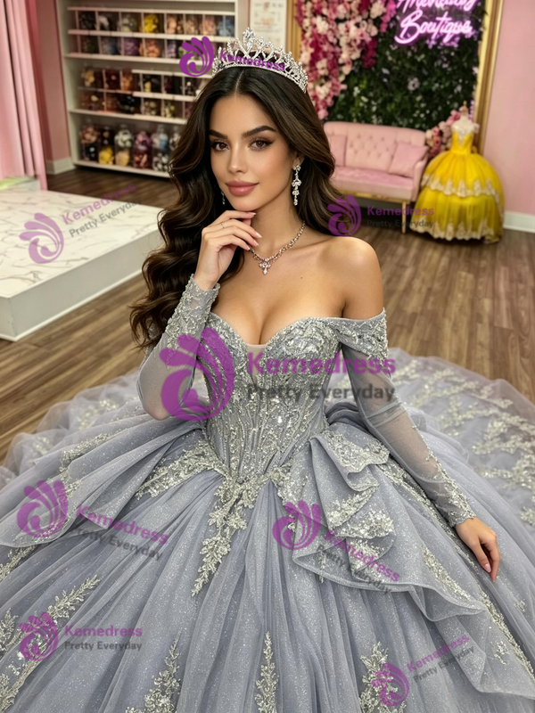 Gray Tulle Appliques Long Sleeve Quinceanera Dress