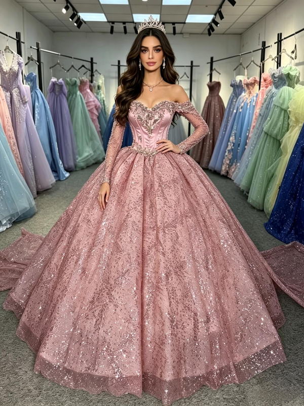 Pink Sequins Long Sleeve Quinceanera Dress