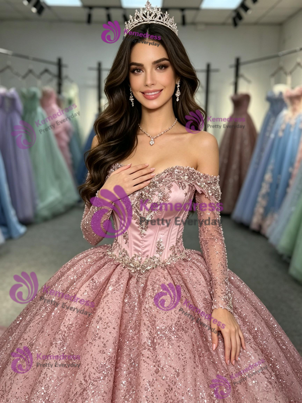 Pink Sequins Long Sleeve Quinceanera Dress