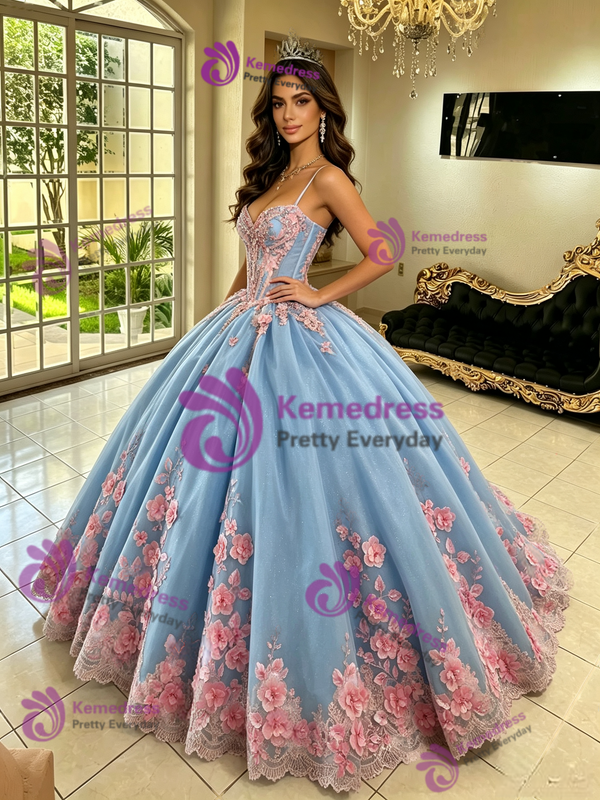 Blue Tulle Spaghetti Straps Appliques Quinceanera Dress