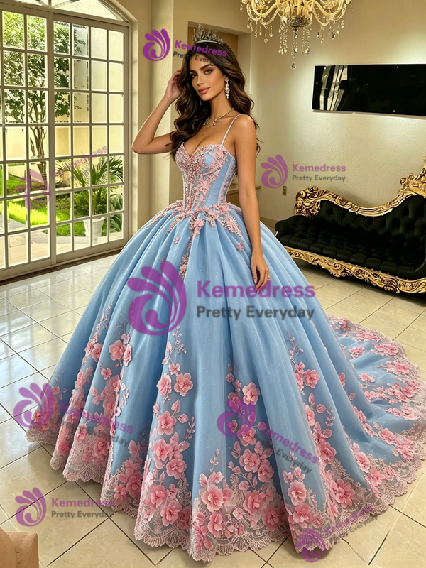 Blue Tulle Spaghetti Straps Appliques Quinceanera Dress