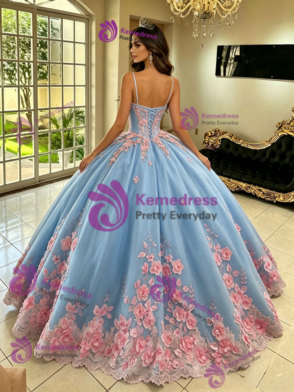 Blue Tulle Spaghetti Straps Appliques Quinceanera Dress