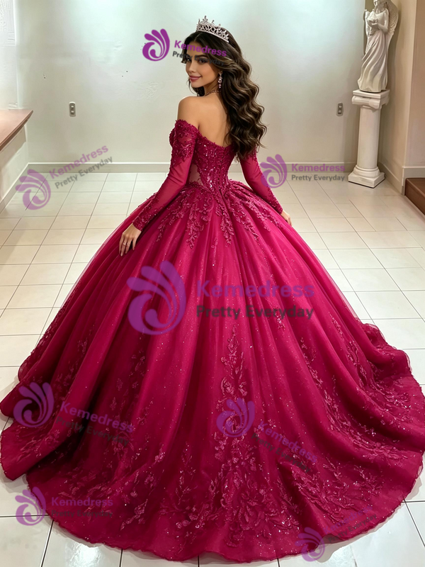 Burgundy Tulle Long Sleeve Quinceanera Dress