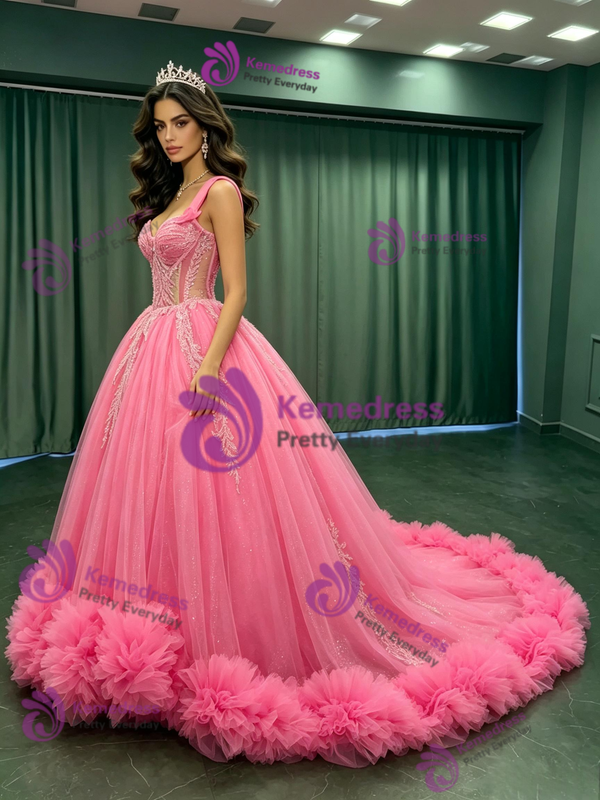 Pink Tulle Straps Sequins Quinceanera Dress