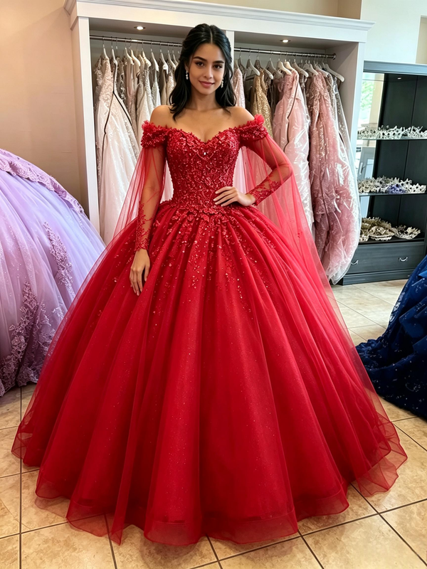 Red Tulle Off the Shoulder Appliques Quinceanera Dress