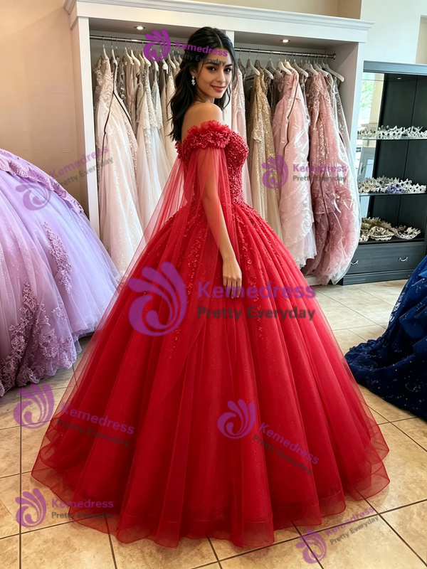 Red Tulle Off the Shoulder Appliques Quinceanera Dress