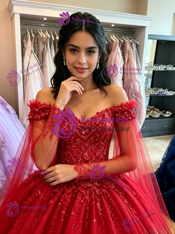 Red Tulle Off the Shoulder Appliques Quinceanera Dress