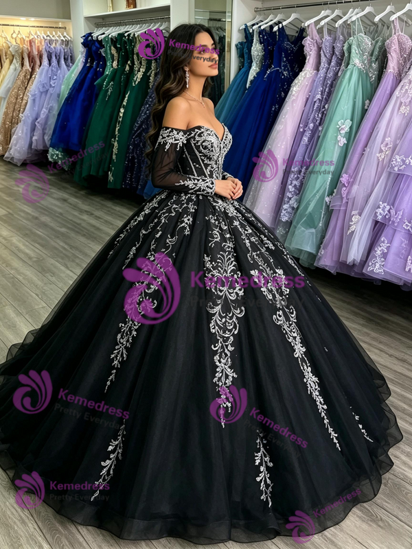 Black Tulle Long Sleeve Appliques Quinceanera Dress