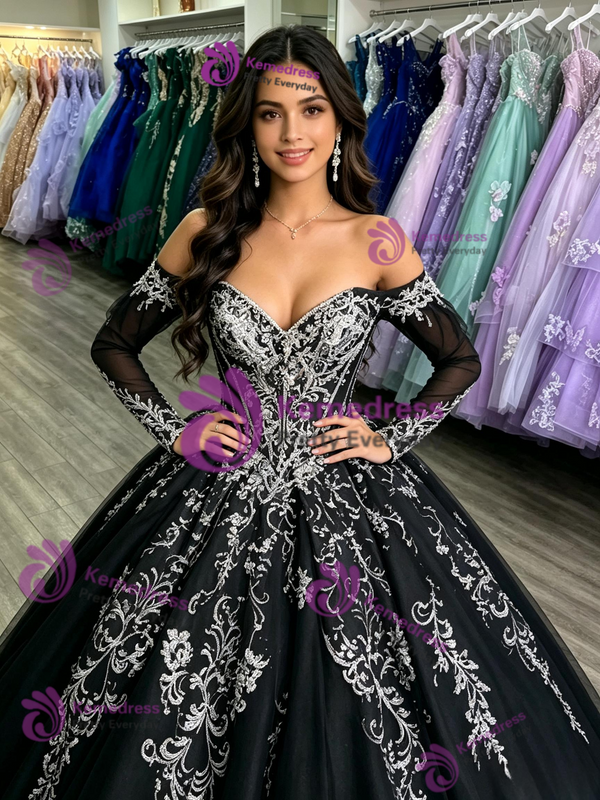 Black Tulle Long Sleeve Appliques Quinceanera Dress
