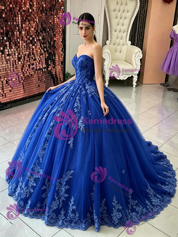 Blue Tulle Strapless Appliques Quinceanera Dress