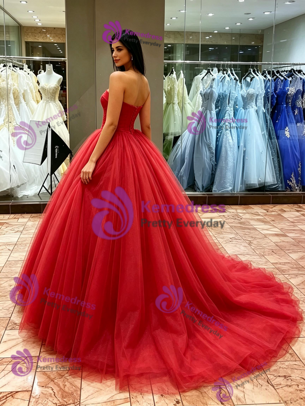 Red Tulle Strapless Quinceanera Dress