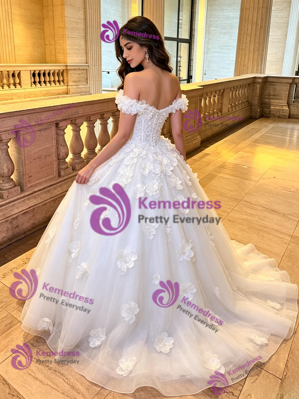 White Tulle 3D Flower Quinceanera Dress