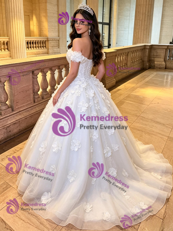 White Tulle 3D Flower Quinceanera Dress