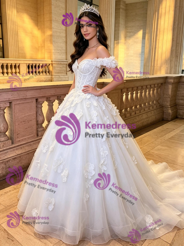 White Tulle 3D Flower Quinceanera Dress