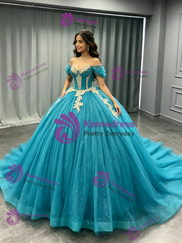 Blue Tulle Sequins Appliques Quinceanera Dress