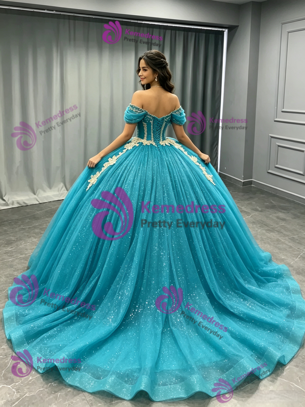Blue Tulle Sequins Appliques Quinceanera Dress