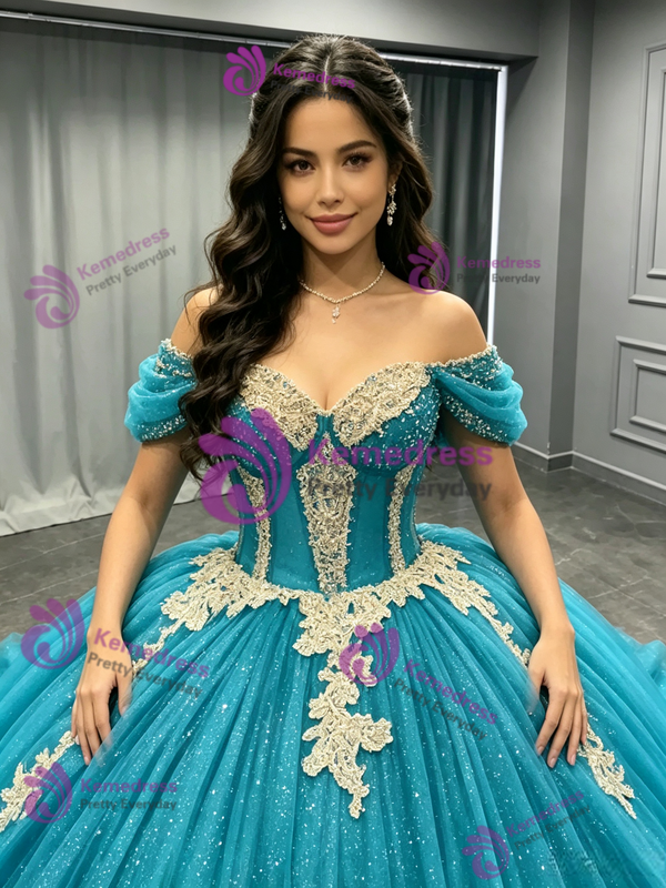 Blue Tulle Sequins Appliques Quinceanera Dress