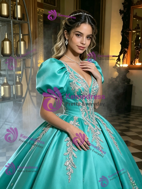 Blue Satin Puff Sleeve Appliques Quinceanera Dress