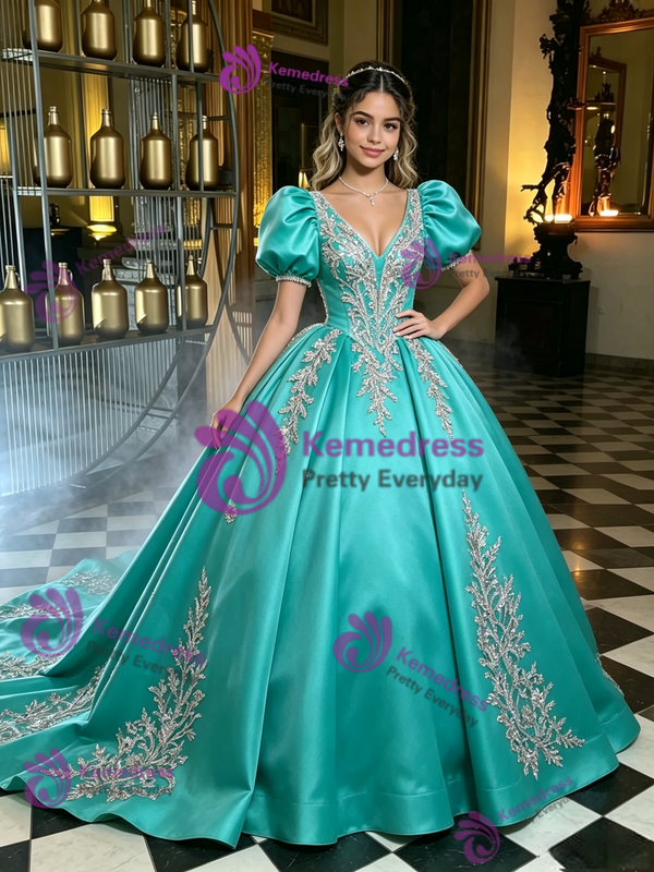 Blue Satin Puff Sleeve Appliques Quinceanera Dress