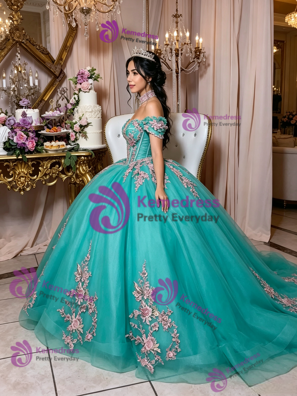 Blue Tulle Off the Shoulder Appliques Quinceanera Dress