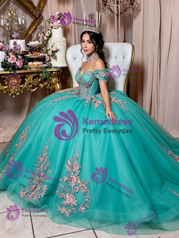 Blue Tulle Off the Shoulder Appliques Quinceanera Dress