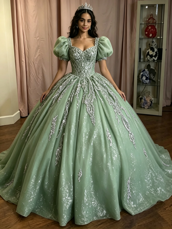 Green Tulle Puff Sleeve Appliques Quinceanera Dress