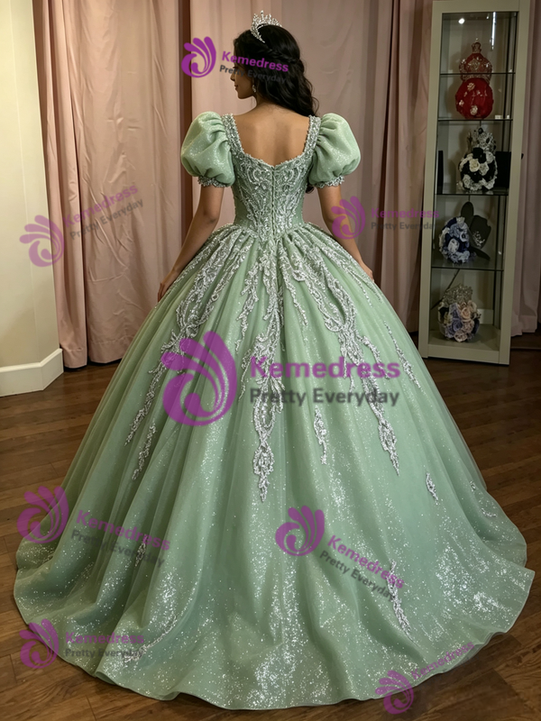 Green Tulle Puff Sleeve Appliques Quinceanera Dress