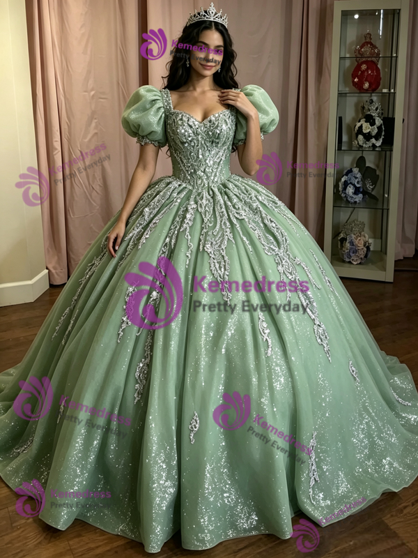 Green Tulle Puff Sleeve Appliques Quinceanera Dress