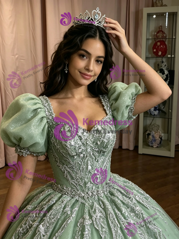 Green Tulle Puff Sleeve Appliques Quinceanera Dress