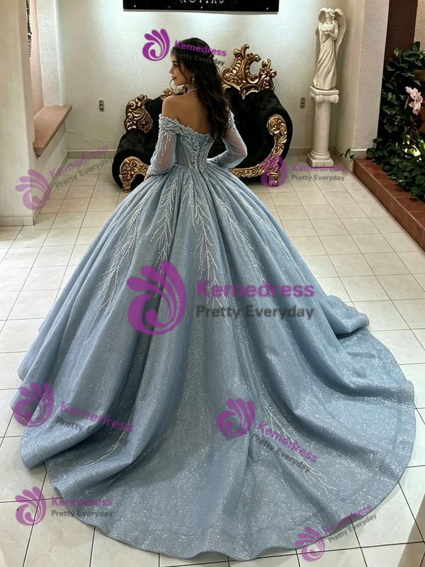 Blue Gray Tulle Sequins Long Sleeve Quinceanera Dress