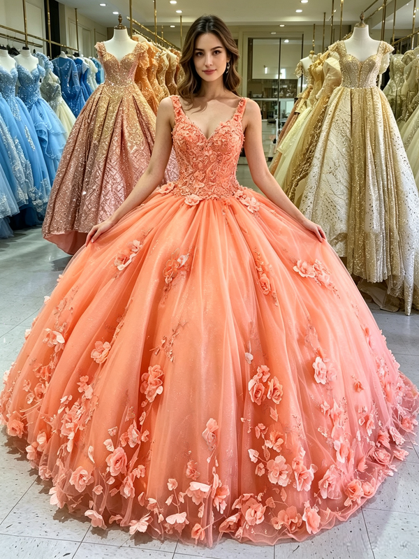 Orange Tulle V-neck Appliques Quinceanera Dress
