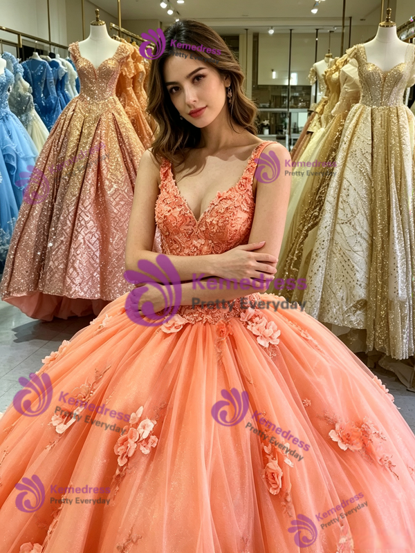 Orange Tulle V-neck Appliques Quinceanera Dress