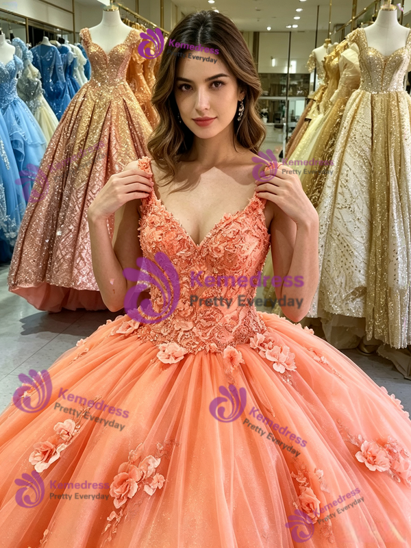 Orange Tulle V-neck Appliques Quinceanera Dress