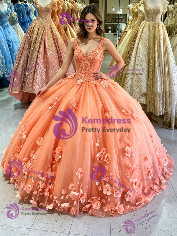 Orange Tulle V-neck Appliques Quinceanera Dress