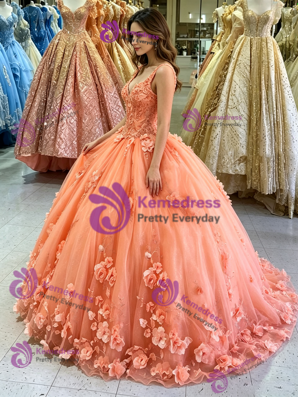 Orange Tulle V-neck Appliques Quinceanera Dress