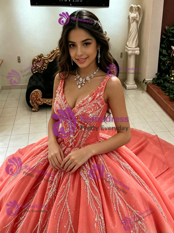 Watermelon Tulle Long Sleeve Quinceanera Dress
