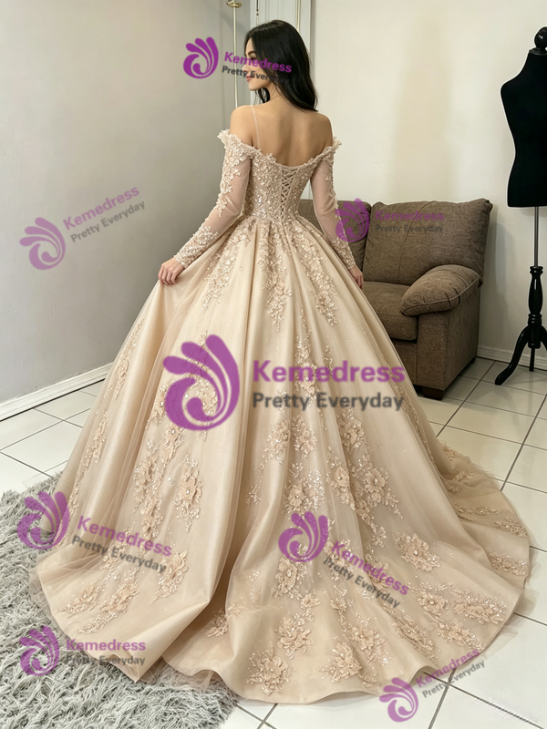 Champagne Long Sleeve Appliques Quinceanera Dress