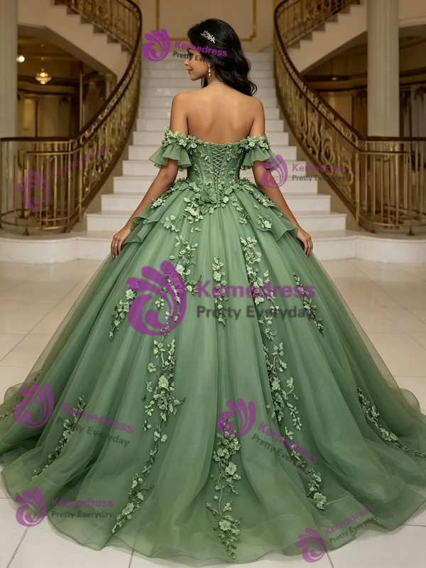 Green Tulle Off the Shoulder Appliques Quinceanera Dress