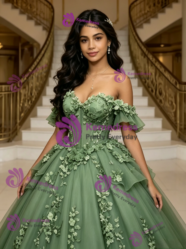Green Tulle Off the Shoulder Appliques Quinceanera Dress