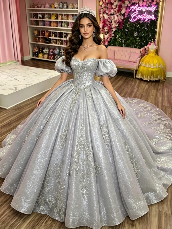 Silver Gray Off the Shoulder Quinceanera Dress