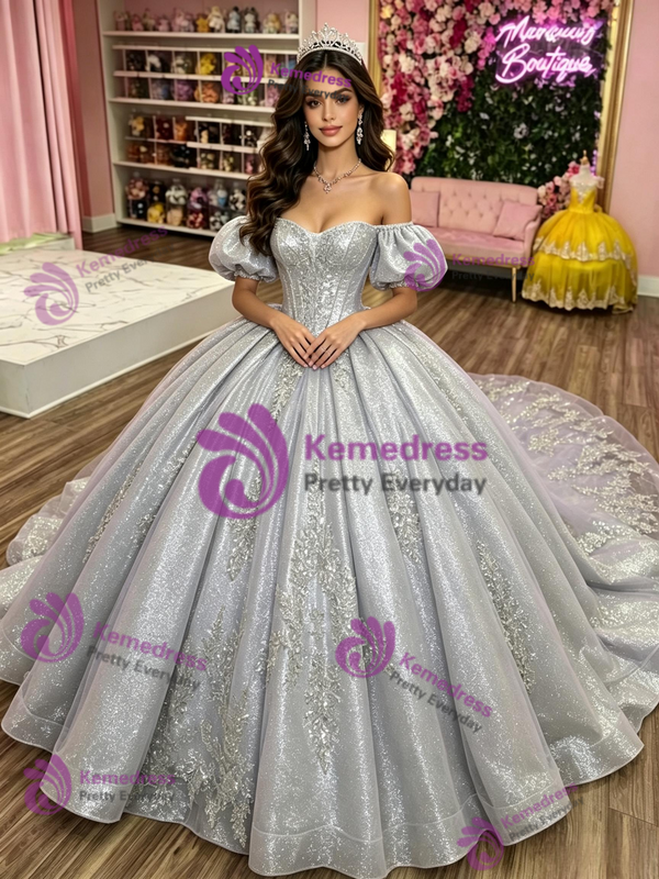Silver Gray Off the Shoulder Quinceanera Dress