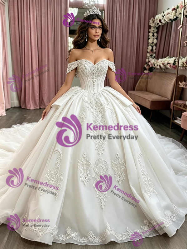 White Tulle Off the Shoulder Appliques Quinceanera Dress